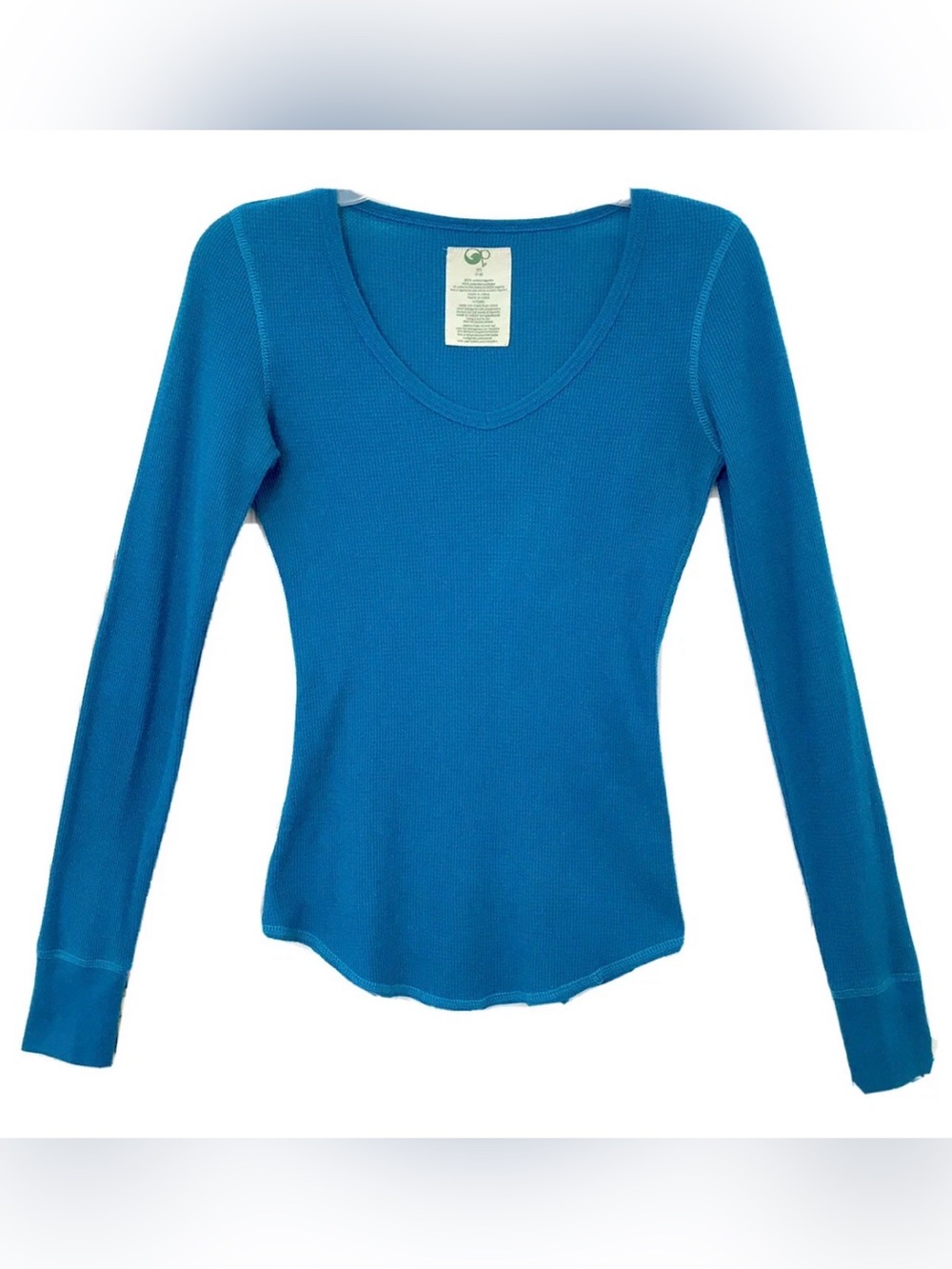 Op Womens Jr M (7-9) Turquoise Thermal Long Sleeve V Neck Shirttail Hem Y2K Top